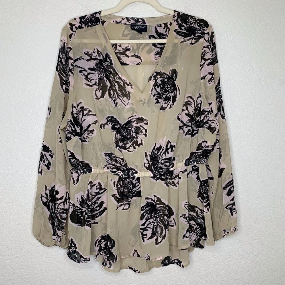 Lane Bryant Boho Floral V-neck Sheer Tan Long Sleeves Peplum Top, Size 18/20